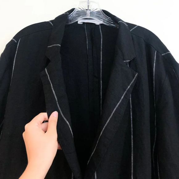DEPT. ANONYM 100% Linen Black Striped Collared V Neck Classic Lightweight Blazer - Picture 7 of 11